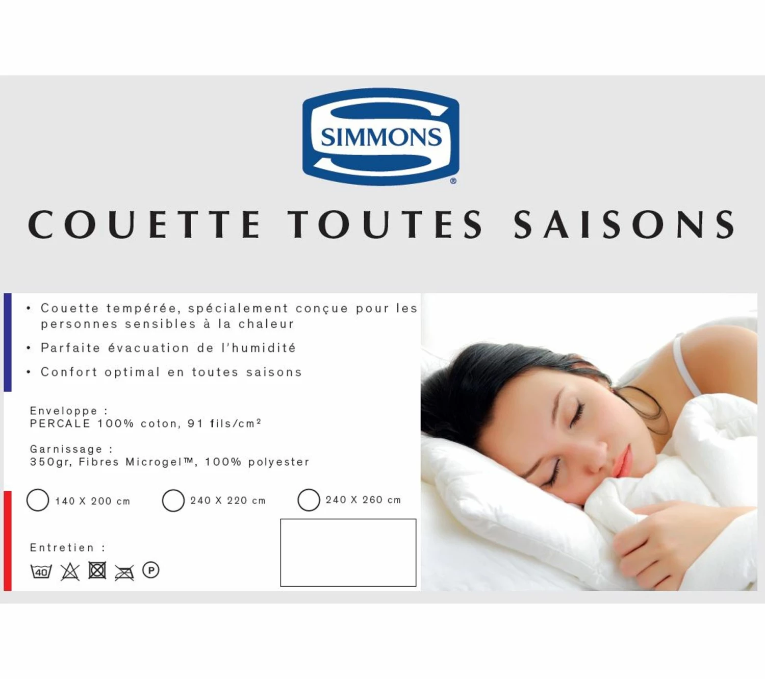 Nouveau 😉 Couette Simmons Enveloppe Percale 4 Saisons 350g - 140x200 ✔️ 3 Nouveau 😉 Couette Simmons Enveloppe Percale 4 Saisons 350g - 140x200 ✔️ – Image 3